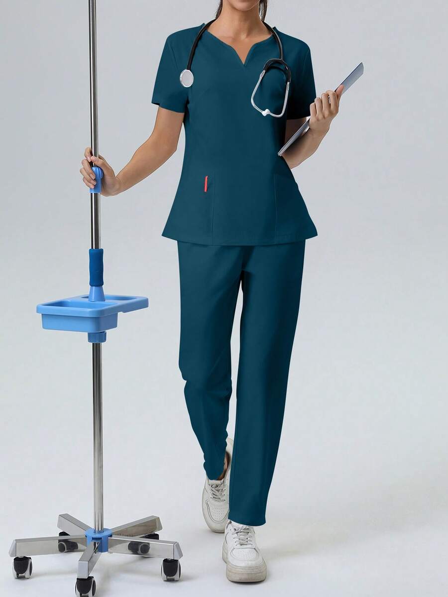 V-Neck Pocket Short Sleeve Top And Pocket Pants Protective Clothing Scrub Uniforms Nurse Suit Spring - Dark Green - View 1