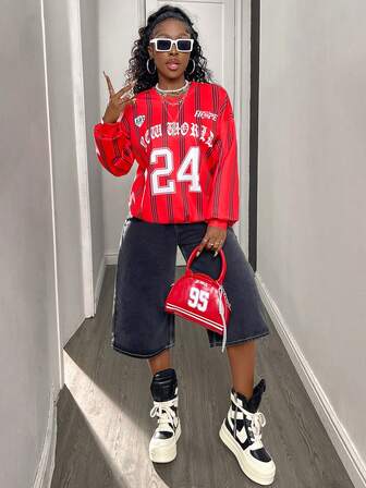 Sweat-shirt ample à manches longues avec col en V, imprimé de rayures et de graphiques, style décontracté. Streetwear pour l'automne/l'hiver