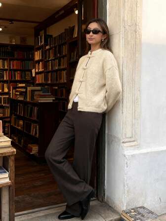 女装新款中国风纽扣宽松慵懒休闲纯色高端圆领落肩针织开衫春秋冬