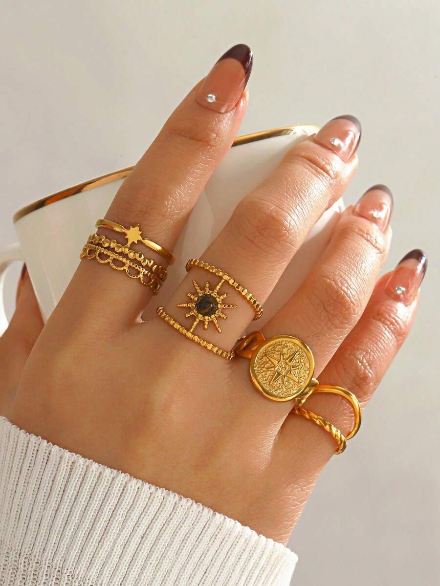 4pcs/Set Fashionable & Elegant 18K Gold Plated Stainless Steel Star Sunflower Flower Open Rings, Suitable For Women's Daily Wear