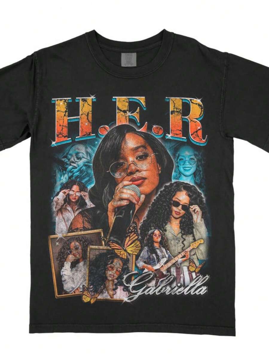 Vintage H.E.R Gabrielle Retro R&B Star Tee, Music Icon Collage Shirt, H.E.R Fan Gift, R&B Merch, Classic Soul Artist Graphic Tee - 黑色 - 查看 1