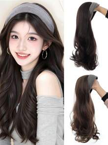 合成可拆卸头带假发，合成长波浪卷发夹式接发，蓬松自然假发，黑色（棕色），易于佩戴，适合女性户外拍照和日常聚会使用（20英寸） - 彩色 - 查看 1