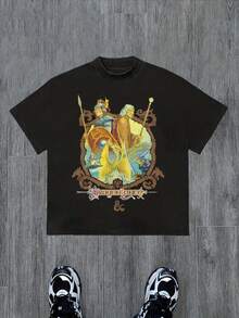 Camiseta con estampa de Dragonlance y personajes fantásticos estilo retro, Camiseta casual de manga corta de algodón puro y suave, 220 gramos por metro cuadrado - Negro - Ver 1