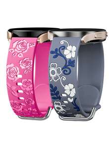 2 Pcs Floral Engraved Band Compatible With Galaxy Watch 7/ FE/ 6/5/ 4/ Active 2 40mm 44mm/ 5 Pro 45mm/ Watch 6/4 Classic 43mm 47mm 42mm 46mm/Garmin Vivoactive 6/5/3/Venu/Venu Sq/Venu 2 Plus/Garmin Forerunner 55/165/645/245 Music Smart Watch Band Women, Flower Soft Silicone Sport Strap For 20mm Width Watch - 20mm - View 1