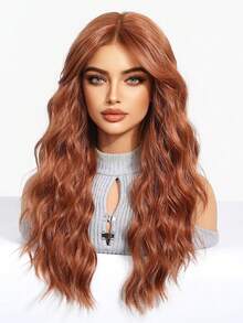 1 pieza de peluca sintética resistente al calor con degradado de color rosa rizado, de 28 pulgadas de largo, hecha de fibra, apta para uso diario, pieza de cabello natural y realista. - Café integral - Ver 4