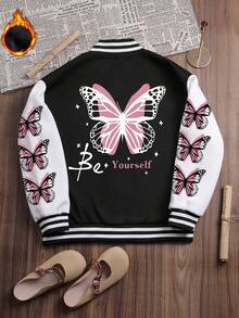 Es Trus 秋冬女装趣味印花“蝴蝶”Be Yourself 字母个性图案印花百搭街头时尚夹克，韩国嘻哈舒适复古时尚通勤百搭服饰女士长袖棒球外套，适合户外休闲，常规小众朋克风格合身黑白棒球夹克 - 黑色 - 查看 6