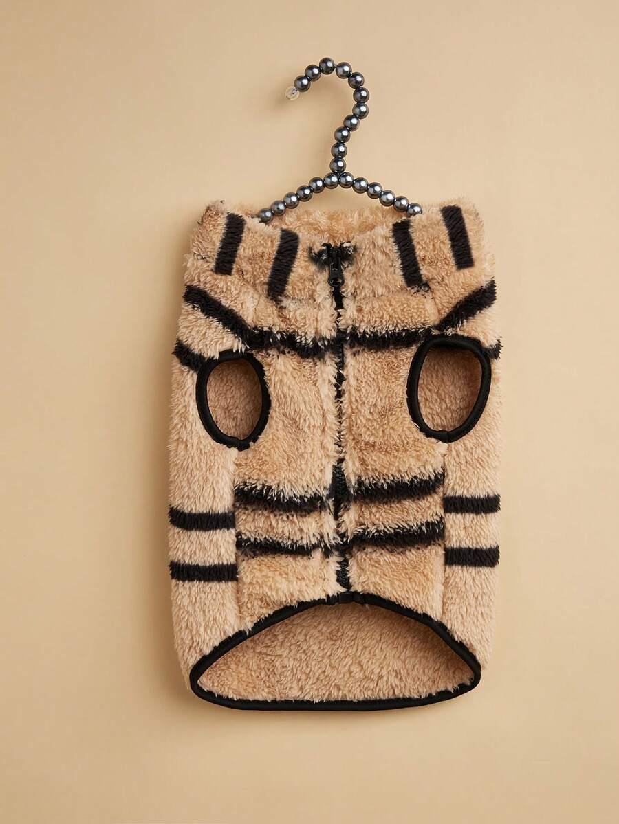 1件可爱条纹图案猫狗通用宠物背心，秋冬季保暖毛绒宠物外套 - 彩色 - 查看 1