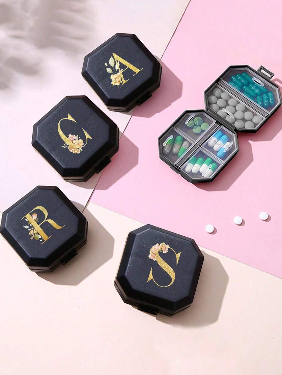 6-Compartment Portable Pill Box, Gold Flower & Letter Pattern, Capsule Storage Case, Travel Medication Box, Mini Pill Organizer, A-Z Letters, 6-Grid Tablet Organizer, Travel Mini Pill Box, Moisture-Proof Pill & Vitamin Container, Pill Box, Pill Box, Pill Box, Medical Travel Accessories, Dorm Essentials, Valentine's Day Gift, Small Gift Exchange