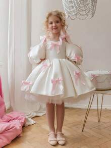 Young Girl Spaghetti Strap Bow Puff Sleeve Princess Dress, Suitable For Children Birthday Party, Flower Girl, Wedding, Banquet, Prom, Holiday Celebration - White - View 2