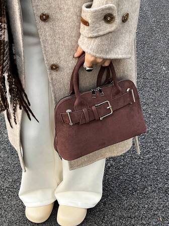 1个复古肩带拉链手提包单肩包贝壳形双提手托特包，哑光质感，适合女性通勤、日常休闲、购物、办公等多种场合。