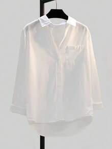 女士休闲百搭涤纶衬衫，常规长度，长袖，衬衫领，纽扣前襟，带口袋，时尚不对称下摆 - 白色 - 查看 3