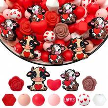 25/40pcs Cute Animal Heart Shaped Silicone Bead Set, Includes Cow, Rose, Heart And Other Beads, Fashionable Design, Suitable For Jewelry Making, DIY Bracelets, Lanyards, Beaded Pens, Holiday Party Decorations, Keychains And Other Crafts - Ideal Valentine's Day Gift - Beading Set, Beading Supplies - Love Animal Series - View 2