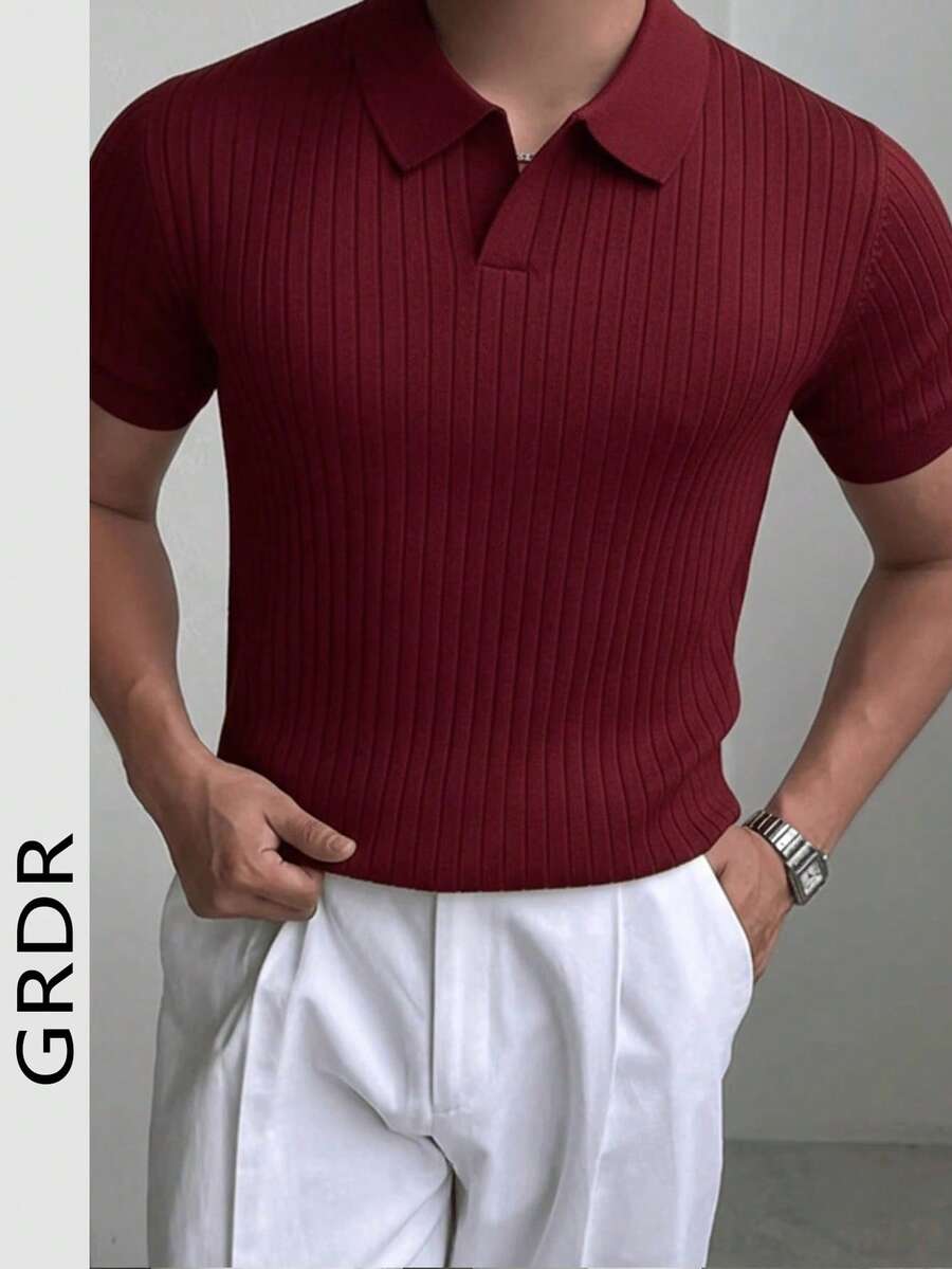 GRDR 男士夏季纯色 Polo 领短袖针织衫，适合夏季外出穿着，时尚造型必备单品