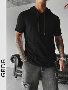 Camiseta con capucha de manga corta de unicolor con cordón para hombre GRDR, adecuada para uso casual al aire libre - Negro - Ver 2