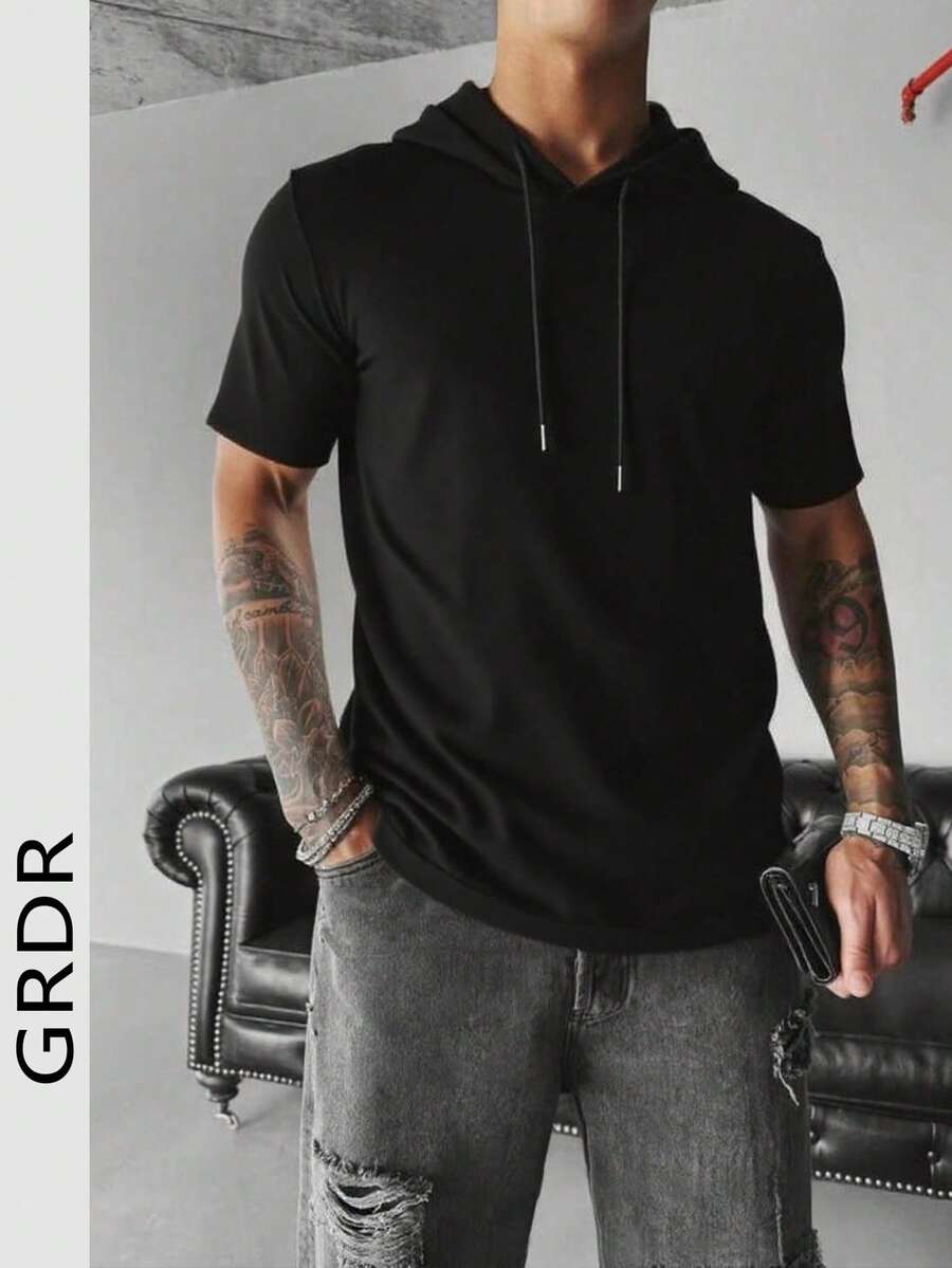 Camiseta con capucha de manga corta de unicolor con cordón para hombre GRDR, adecuada para uso casual al aire libre