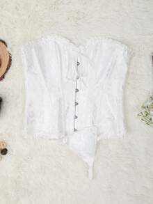 Apperloth A Áo corset kiểu Y2K lãng mạn với họa tiết jacquard, viền bèo nhún phối màu tương phản, buộc dây phía trước, gọng nâng ngực phía sau, kết hợp với quần lọt khe, thích hợp cho ngày Valentine, tiệc tùng, lễ hội âm nhạc, mùa cưới. - trắng - Xem 7