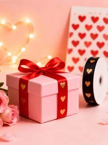 1 Rolle Festliches goldenes Herzmuster Band, rot-goldgeprägtes herzförmiges Band, 2,5cm 27,5m Polyester Filamentband, Blumengeschenkbox Schleife, Bouquet Binde, DIY Schleifenband für Geschenkverpackung, Valentinstag Geschenkverpackung Band, Valentinstag Party Geschenkaccessoires, perfektes Valentinstag Geschenkverpackung, Jahrestags-Feier - Verschiedenfarbig - Übersicht 3