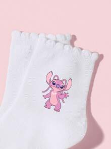 Disney 1/5/10 Pairs Spring/Summer Children/Girls Campus Socks/Lace Socks/Short Socks, Cute Sweet Cartoon Stitch Pattern Decor, Simple Soft Skin-Friendly White College Style Mid-Calf Socks, Versatile Breathable Moisture-Wicking Comfortable Durable Sports Socks, Suitable For Classroom/New Semester/Back To School/Student/Campus Season Outfit, Casual Sports, Home Relaxation