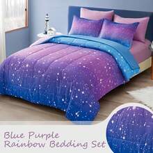 DJY 6/7 Pieces Comforter Sets Full Size Colorful Ombre Blue Purple Rainbow Bedding Set Bed In A Bag  (1 Comforter, 1 Flat Sheet, 1 Fitted Sheet, 2 Pillow Shams, 2 Pillowcases),Christmas Day Gifts - 藍紫色01 - 查看 3