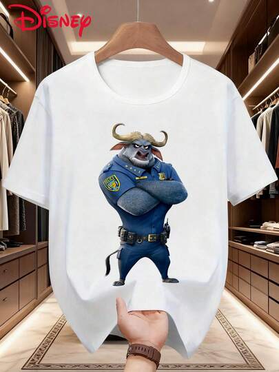 Disney Chief Bogo Graphic Print Casual Men's Short Sleeve T-Shirt, Slightly Stretchy, Opaque, Easy Care Fabric, Suitable For Daily Wear