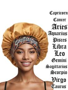 1件装真丝长帽，十二星座印花宽檐贴合长发帽 - 女士缎面睡眠帽，护发配件，柔软面料长帽，贴合帽型。睡眠帽 - 黑色-long bonnet-星座-1pc - 查看 3