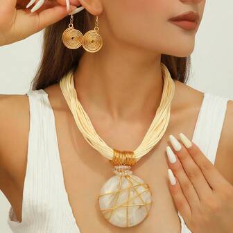 Handmade Exaggerated Multi-Layer Aluminum Wire, Artificial Crystal, Wax Line, Resin Woven, EU/US Bohemian Grant Vintage Glamorous Necklace & Earrings Set, Suitable For Formal Events, Parties, Holidays And Casual Wear