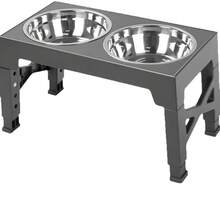 1个高架狗食盆，可折叠设计，4档高度可调，包含2个不锈钢碗，防滑，适合中大型犬。