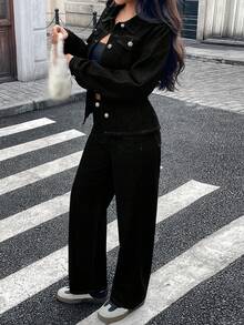 Elegant Vintage Casual Denim 2 Pieces Set, Including Lapel Button Pocket Jacket And Wide-Leg Pants, Non-Stretch Fabric - Black - View 5