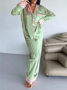 Women's Striped  Polka Dot Satin Pajama Set - Long Sleeve Button-Down Top With Wide-Leg Pants - Chic Mixed Print Loungewear - màu xanh lá - Xem 1