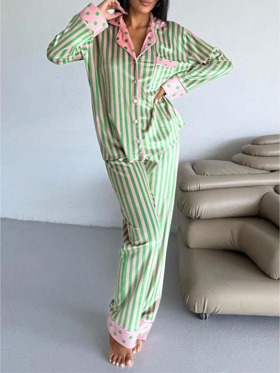 Women's Striped Polka Dot Satin Pajama Set - Long Sleeve Button-Down Top With Wide-Leg Pants - Chic Mixed Print Loungewear - màu xanh lá - Xem 1