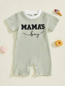 Baby Boy Romper Short Sleeve Round Neck Letter Embroidery Jumpsuit Newborn Footless Pajamas - Verde militar - Ver 2