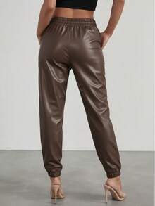 Women's High-Waist Leather Pants With Elastic Waistband And Front Buttons
