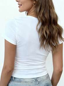 Women "Hello 2026" Happy New Year Fashionable T-Shirt Top, Spring/Summer Women Y2K Elastic Fitted Short Sleeve Round Neck White T-Shirt, 2026 New Year's Eve, Farewell 2025, Welcome 2026 Event, 2026 New Year's Eve Travel T-Shirt - White - View 2