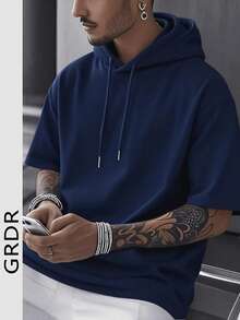 GRDR Men's Solid Color Drawstring Hooded Short Sleeve T-Shirt, Suitable For Outdoor Casual Wear - Navy Blue - View 1