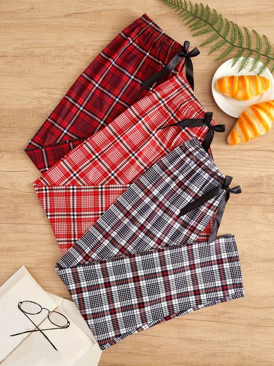 3-Pack, Plaid Print Pajama Pants, Soft And Comfortable Long Pants, Women's Vacation And Loungewear Pajama Pants, Made Of Polyester Fiber, Suitable For All Seasons. - Nhiều màu - Xem 1