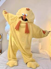 Coral Fleece Yellow Chick One-Piece Pajamas, Cute Loungewear, Soft And Comfortable, Super Warm For Spring, Fall And Winter. - Yellow - View 7