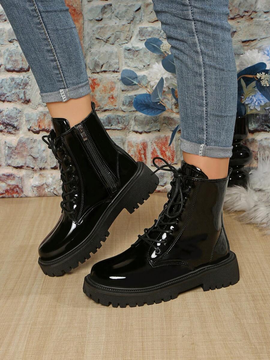 Thick Sole British Style Black Patent Leather Zipper Boots, Versatile Retro Autumn/Winter Ankle Boots For Teenagers, Unisex - Black - View 1