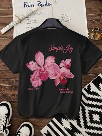 Women's Casual Everyday Floral Graphic Print Round Neck Short Sleeve T-Shirt Women's Summer Top Graphic T-Shirt