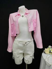 Happy Girl Striped Casual Fashion Blouse, Versatile For Spring/Autumn, Suitable For Vacation, Office, Daily Wear, Travel, Airport, Women Long Sleeve Cropped Shirt - Pink - View 5