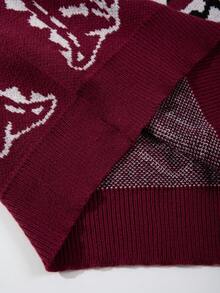 Men's Street Style Dinosaur Print Black Long Sleeve Crew Neck Sweater, Casual Loose Fit Pullover Knitted Top, Suitable For Spring, Autumn, Winter - Red - View 8