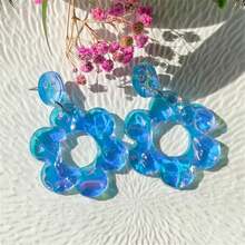 ONLYJUMP Vintage 60s 70s Flower Earrings - Colorful Floral Big Acrylic Daisy Dangle For Women - Lily Petals Hawaii Plant Statement Fashion Jewelry,ShinyBlueDaisy - 閃亮的藍雛菊 - 查看 7
