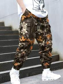 1pc Spring/Summer Men Outdoor Camouflage Print Cargo Pants, Multi-Pocket Hiking Trousers Suitable For Beach, Daily Commute, Running, Training, Relaxed Fit Casual Jogger Pants, Fall - Orange - View 2