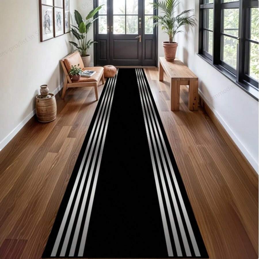 1pc Black Luxury Striped Runner Rug, Home Bedside Carpet, Suitable For Hallway, Laundry Room, Bedroom, Kitchen Hardwood Floor Mat, Home Decor
