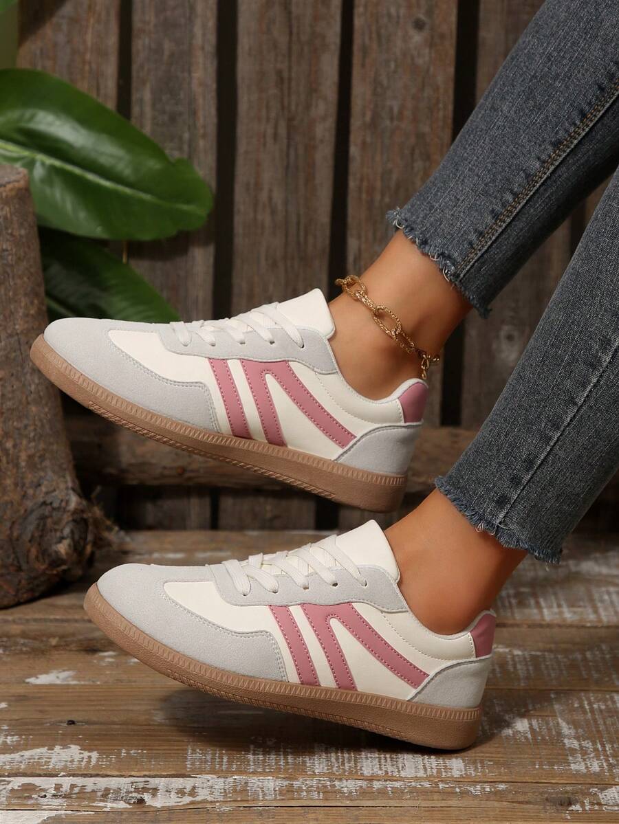 1 Pair Women's Casual Geometric Pattern Flat Round Toe Lace-Up Sneakers, Fashionable & Versatile - Pink - View 1