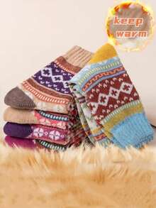 5 Pair Of Printed Thickened Socks, Comfortable And Warm Christmas Mid-Calf Socks, Women's Socks, Multiple Styles To Choose From - Soft And Durable, Suitable For Cold Weather Outdoor Activities - Nhiều màu - Xem 11