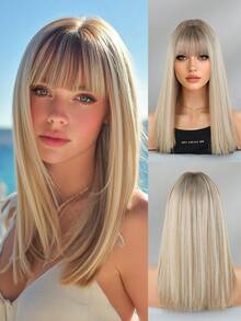 7JHH WIGS High Quality 16-Inch Shoulder Length Straight Linen Blonde Wigs For Women - Elegant Blonde Highlights Wig With Bangs Dark Roots, Soft Silky Heat-Resistant Synthetic Fiber Hairpiece For Daily Wear, Perfect For Holidays Cosplay & Music Festival Use, Graduation Gift & Mother's Gift Wig Accessory - Blonde Highlight - View 2