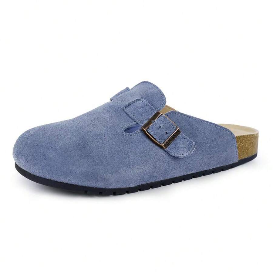 EVELLYHOOTD Women Men Genuine Suede Round Toe Cork Footbed Clogs Potato Shoes Slide Outdoor Gym Shoes With Arch Support Flat Clogs Retro Fashion Walking Shoes Slippers [Wide Feet PLS SIZE UP ] - 藍色 - 查看 1