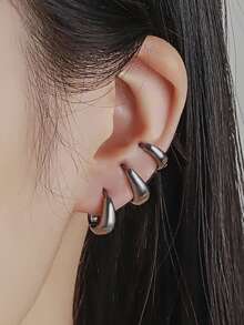 3 Pairs Minimalist Geometric Round Pentagram Open Hoop Earrings Set, Copper Alloy, Everyday Wear - Gun Black - View 5