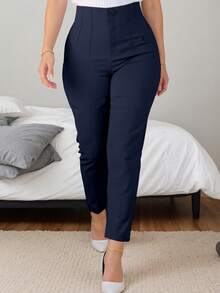 Women's Solid Color Slim Fit Casual/Work Pants - Navy Blue - View 5