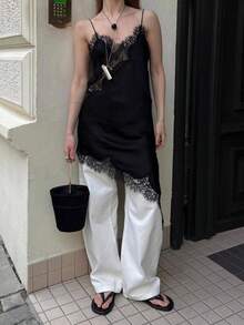 山茶花新款夏季女装，欧美时尚简约性感不对称蕾丝连衣裙 - 黑色 - 查看 2